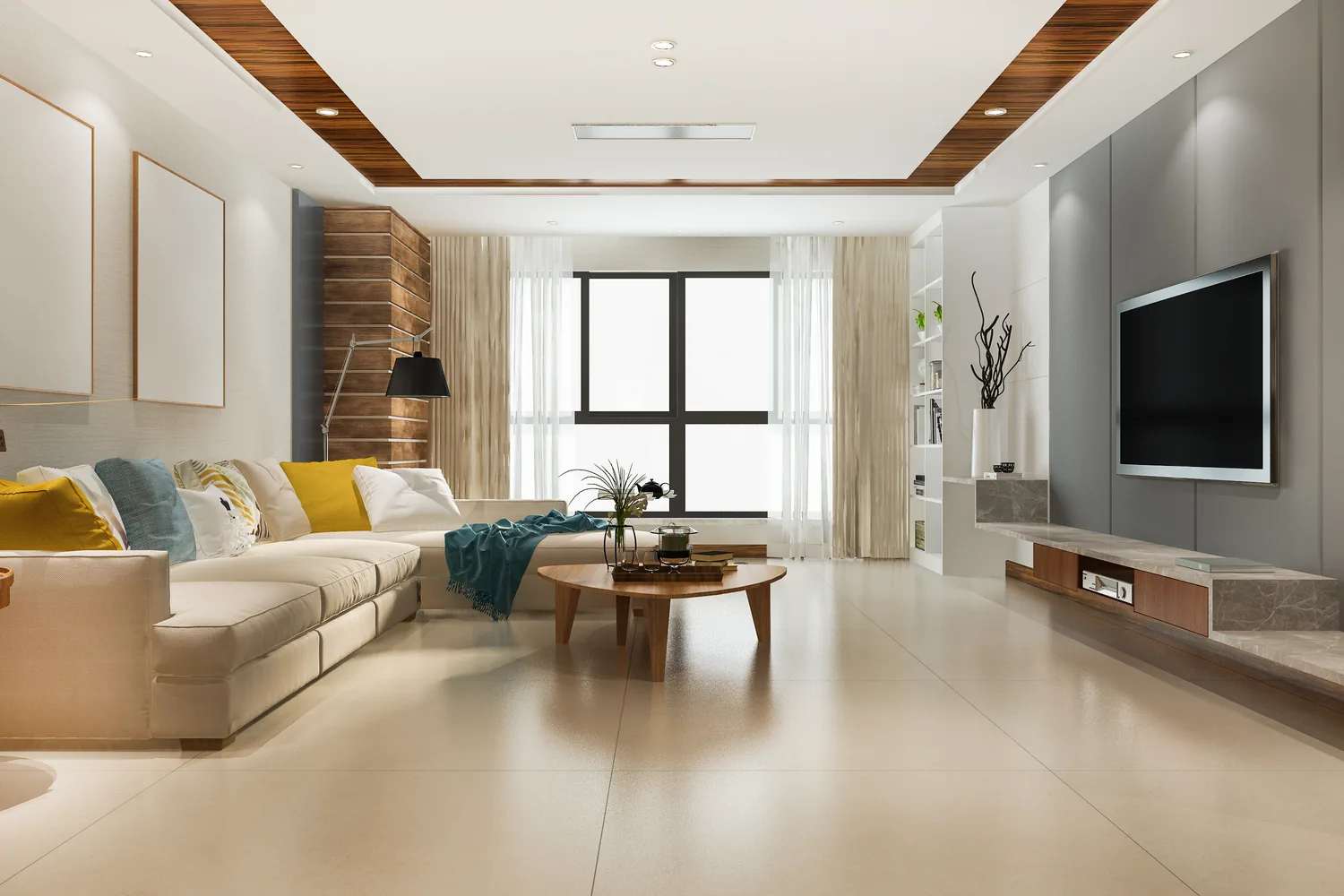 Forro de gesso com detalhe em madeira e spots de luz
