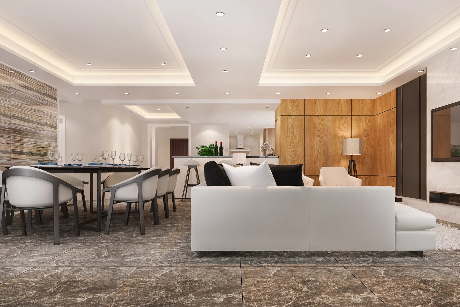 Sala e jantar integradas com sanca de gesso e iluminação embutida