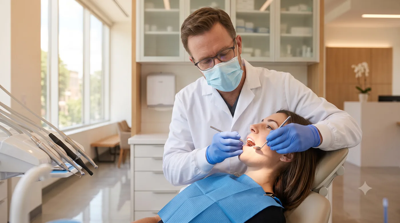 Dentista atendendo uma paciente na cadeira odontológica